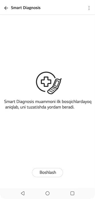 Aqlli diagnostika natijasi, xato kodi, xato tavsifi va echimini aks ettiruvchi LG ThinQ dasturi foydalanuvchi interfeysi.