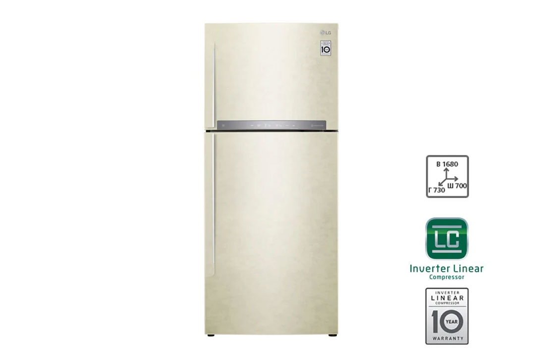 LG Объем 410 л | Холодильник LG с верхней морозильной камерой | Бежевый | HygieneFresh+? | Linear Inverter Compressor, front view, GN-H432HEHZ