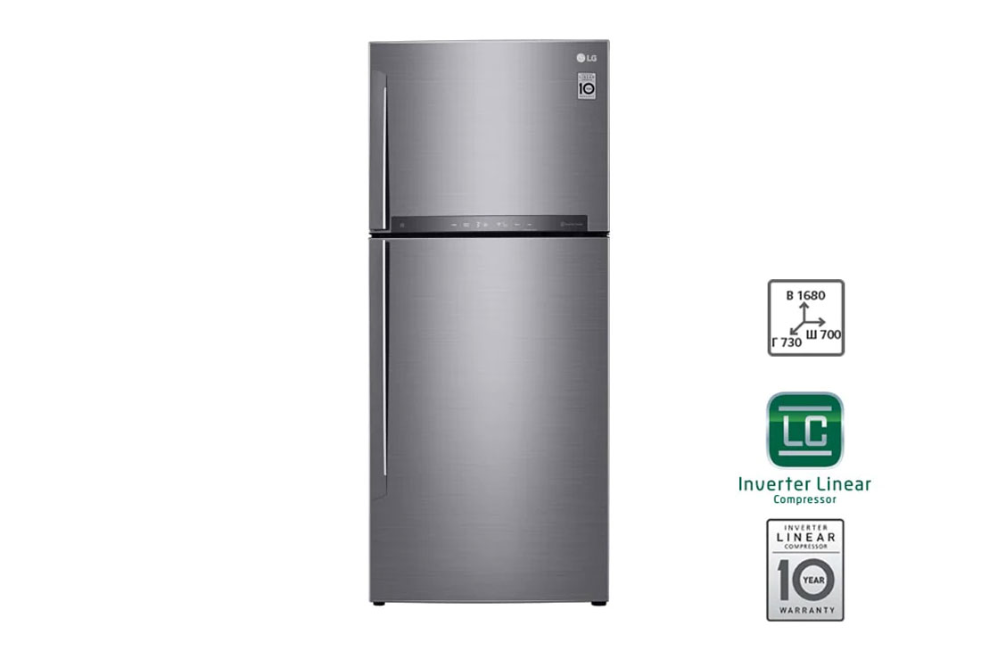 LG Объем 410 л | Холодильник LG с верхней морозильной камерой | Серый | HygieneFresh+? | Linear Inverter Compressor, front view, GN-H432HMHZ