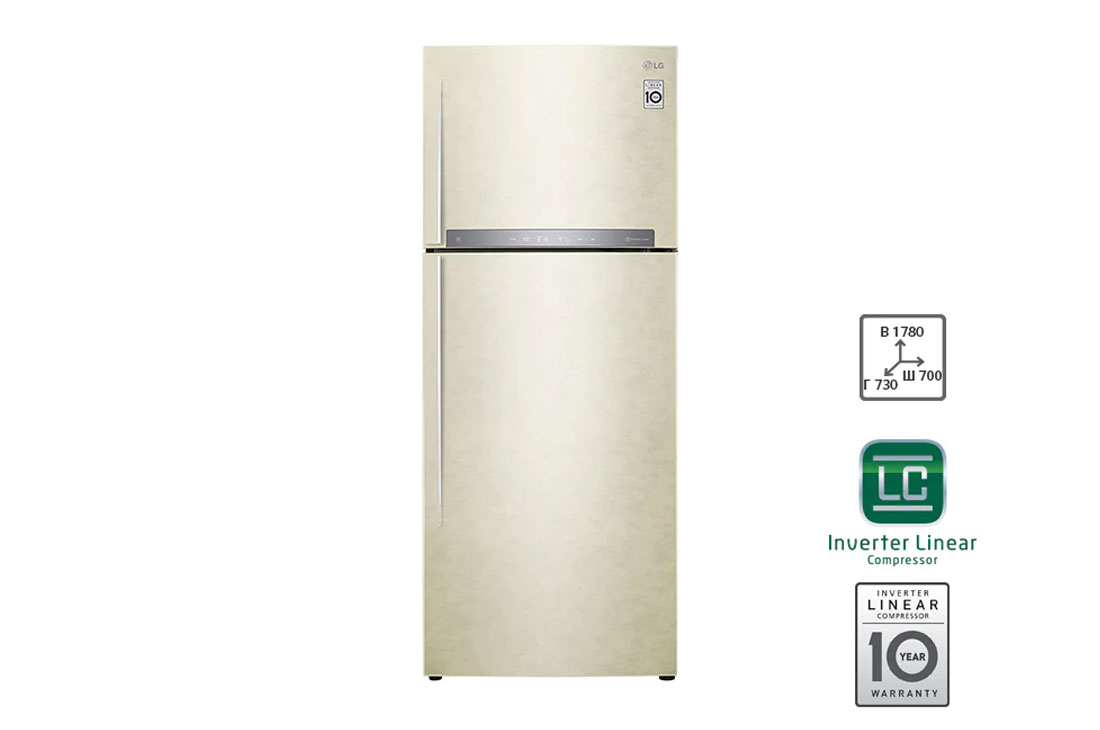 LG Объем 438 л | Холодильник LG с верхней морозильной камерой | Бежевый | HygieneFresh+? | Linear Inverter Compressor, front view, GC-H502HEHZ