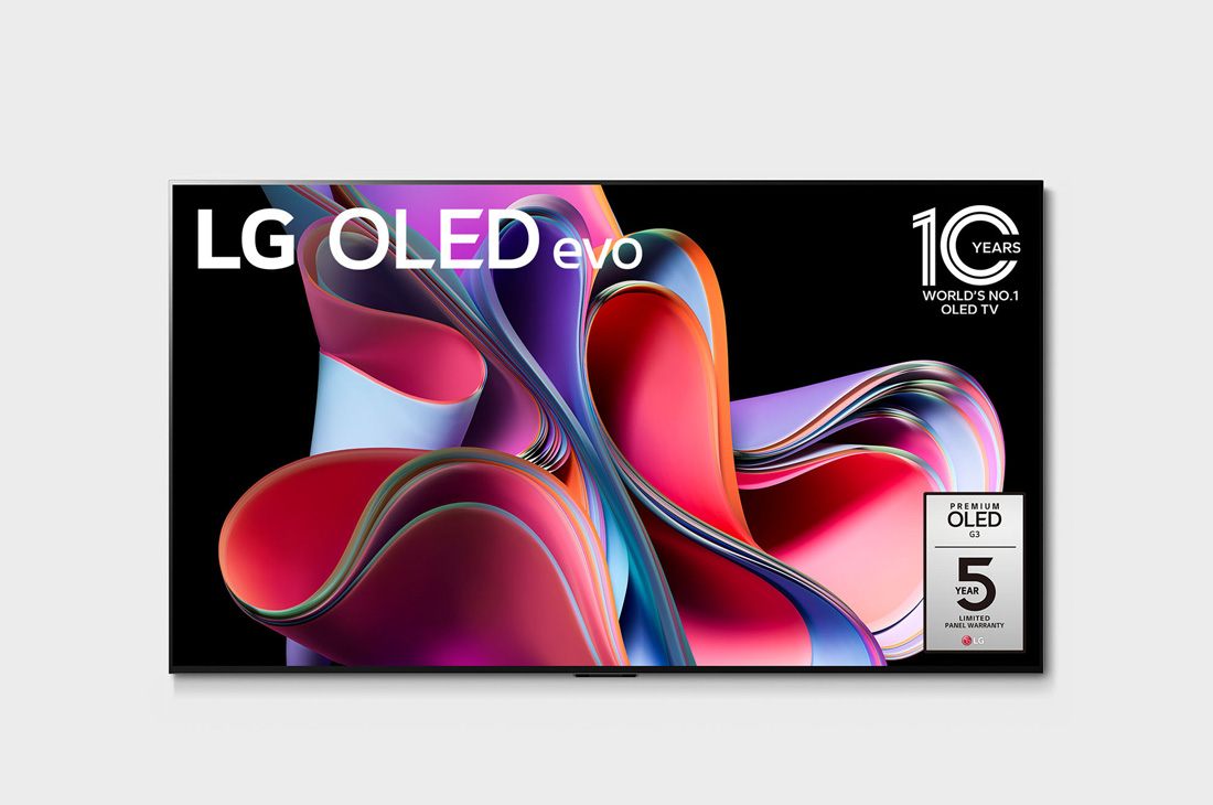 LG 77-дюймовый 4K смарт-телевизор LG OLED evo G3 2023 года, Вид спереди с LG OLED evo, эмблемой ?OLED №1 в мире в течение 10 лет? и логотипом ?Гарантия 5 лет на панель? на экране, OLED77G3RLA