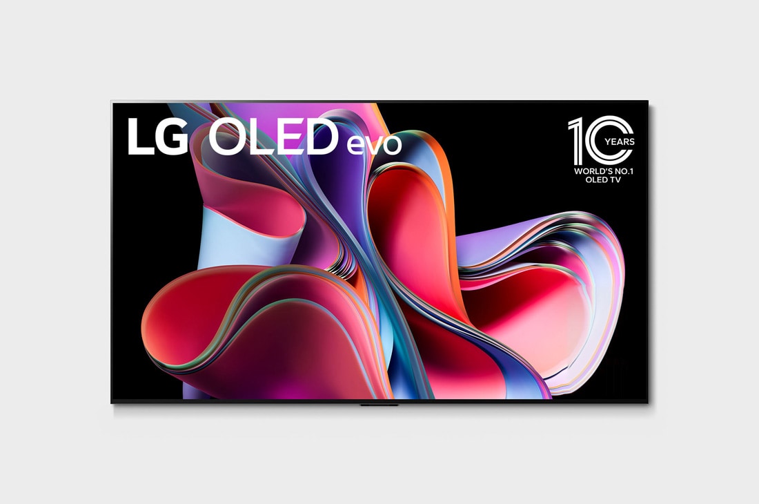LG 65-дюймовый 4K смарт-телевизор LG OLED evo G3 2023 года, Вид спереди с LG OLED evo, эмблемой ?OLED №1 в мире в течение 10 лет? и логотипом ?Гарантия 5 лет на панель? на экране, OLED65G3RLA