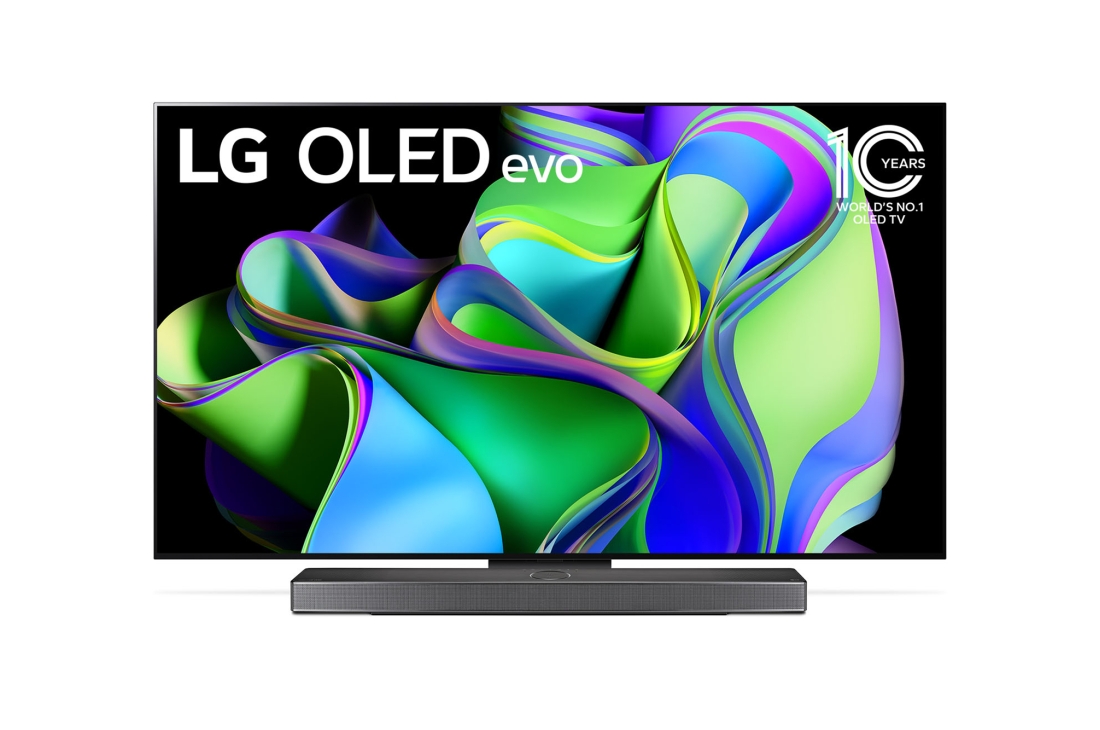 LG 77-дюймовый 4K смарт-телевизор LG OLED evo C3 2023 года, Вид спереди с LG OLED evo, эмблемой ?OLED №1 в мире в течение 10 лет? и саундбаром снизу. , OLED77C3RLA