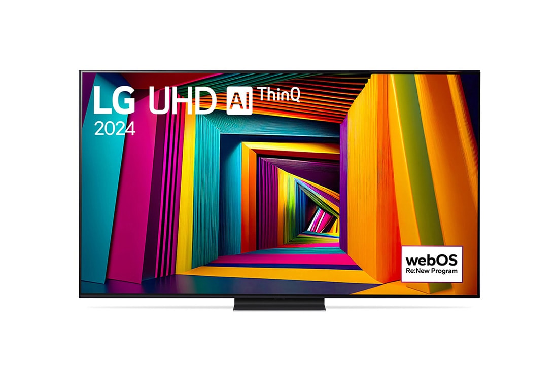 LG 65-дюймовый телевизор Smart TV LG UHD UT91 4K 2024, Вид спереди на телевизор LG UHD, UT91 с текстом LG UHD AI ThinQ, 2024 и логотипом webOS Re:New Program на экране, 65UT91006LA