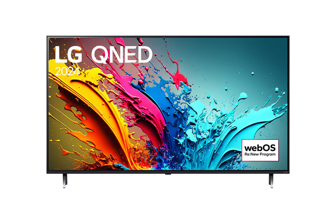 LG 55-дюймовый телевизор Smart TV LG QNED QNED86 4K 2024, Вид спереди на телевизор LG QNED, QNED86 с текстом LG QNED, 2024 и логотипом webOS Re:New Program на экране, 55QNED86T6A