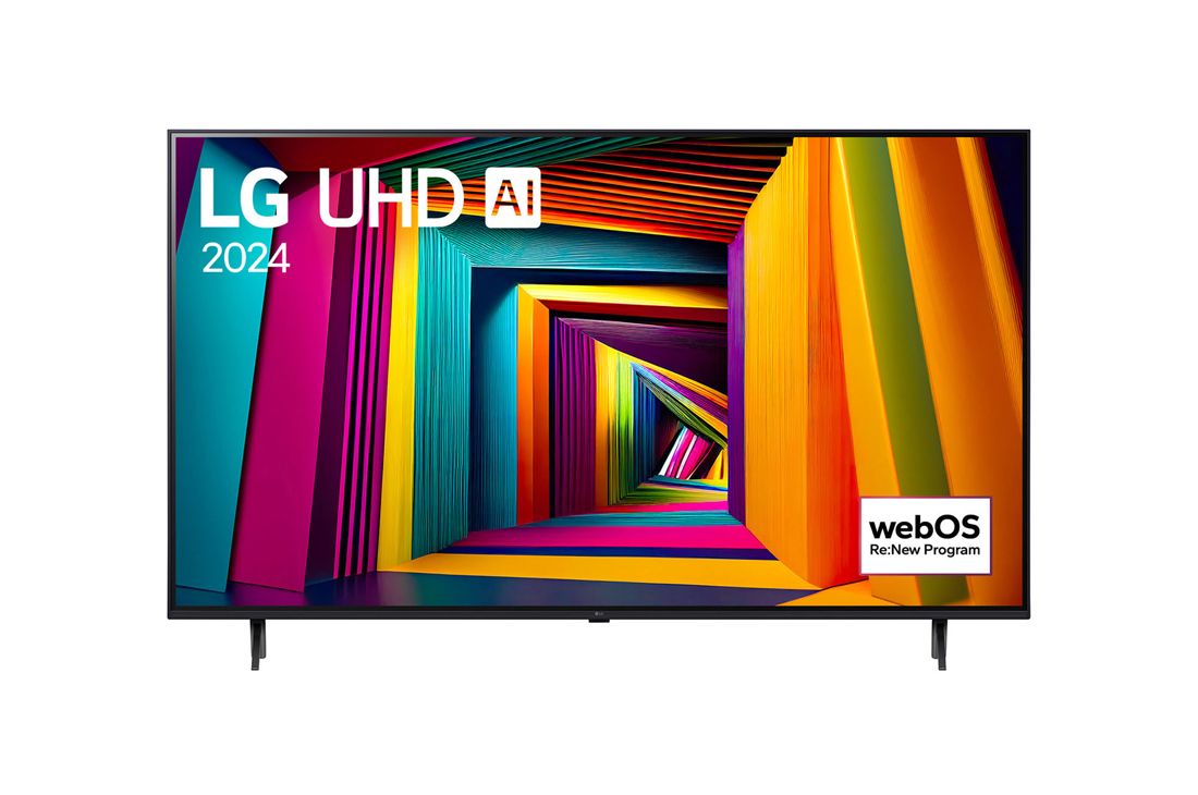 LG 75-дюймовый телевизор Smart TV LG UHD UT91 4K 2024, Вид спереди на телевизор LG UHD, UT91 с текстом LG UHD AI ThinQ, 2024 и логотипом webOS Re:New Program на экране, 75UT91006LA