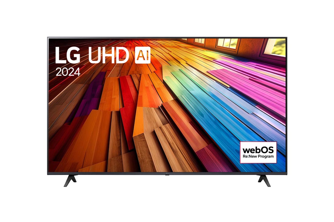 LG 55-дюймовый телевизор Smart TV LG UHD UT81 4K 2024, Вид спереди на телевизор LG UHD, UT81 с текстом LG UHD AI ThinQ, 2024 и логотипом webOS Re:New Program на экране, 55UT81009LB