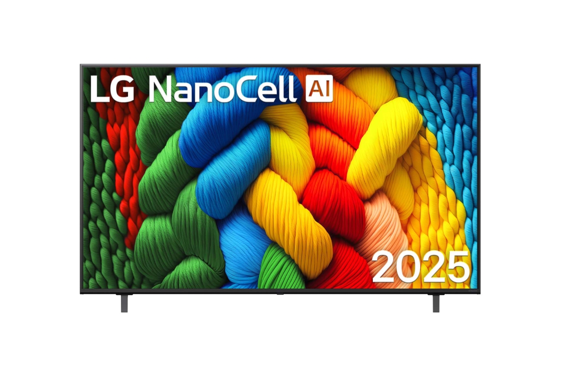 LG 65 дюймовый телевизор Smart TV LG Nanocell AI NANO80 4K 2025 года, Вид спереди на телевизор NanoCell, логотип LG NanoCell AI в верхнем углу. Телевизор LG NanoCell NANO80 TV отображает красочные текстуры, напоминающие мазки краски, сливающиеся воедино., 65NANO80A6B